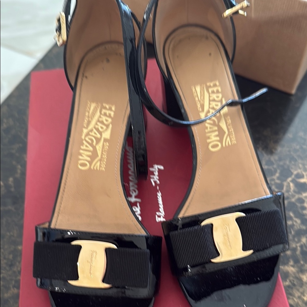 Salvatore Ferragamo Black Patent Leather Sandals